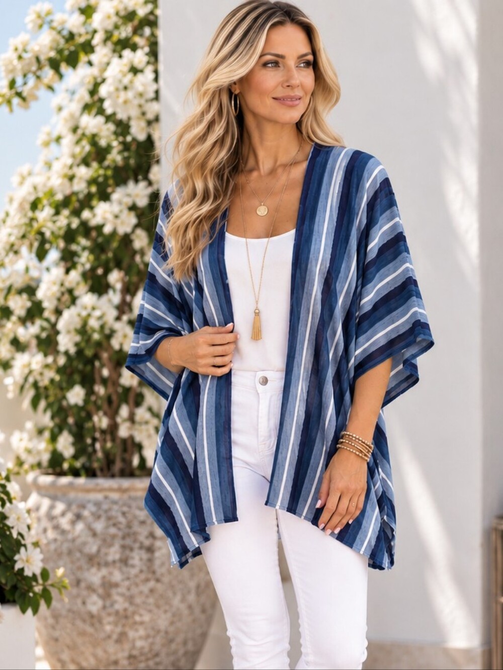 My Danielle  Boho - Chic Blue and White  Striped and Frayed Kimono